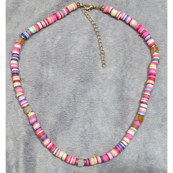 Pink Vinyl Disc Beaded Necklace With Faceted Glass Accents - Picture 5 of 5